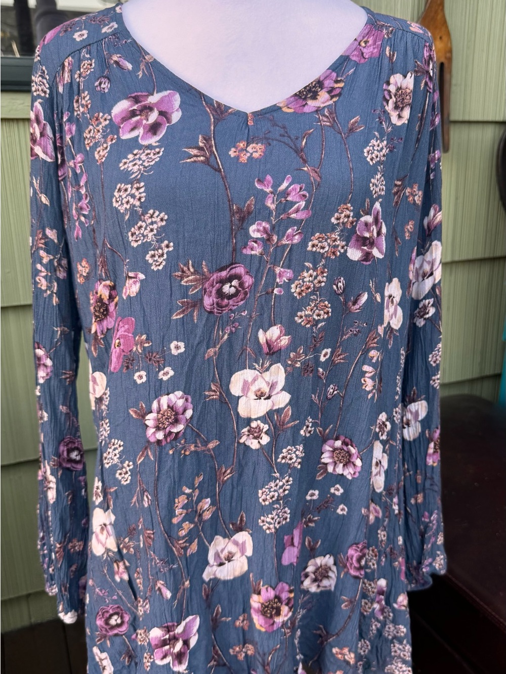 BeBop Slate Blue Floral V-Neck Long Sleeve Blouse